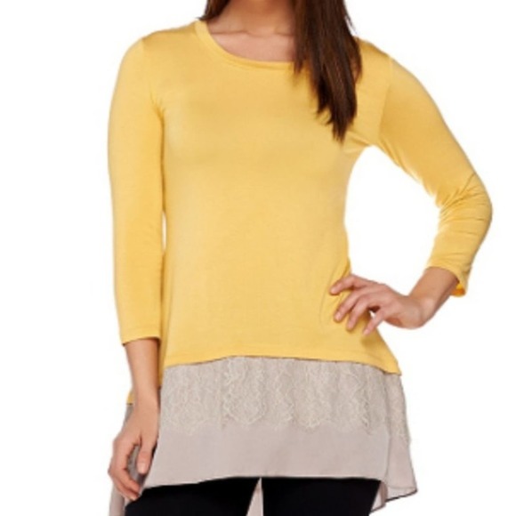 LOGO by Lori Goldstein Tops - LOGO Lori Goldstein Mustard Yellow Lace Embroidered Sheer Layered Tunic XL